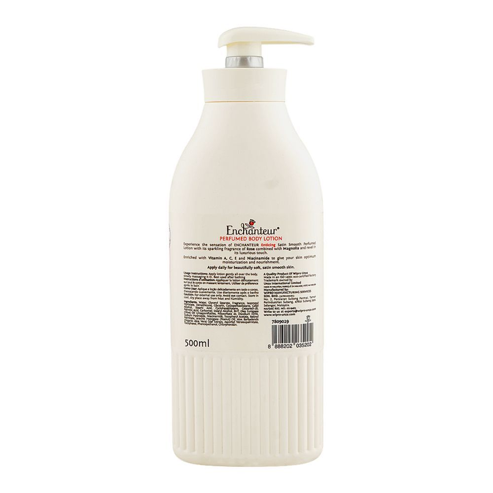 Enchanteur Satin Smooth Enticing Perfumed Body Lotion Pump, Vitamin A & C, Niacinamide, For Radiant Skin, 500ml - Image 2