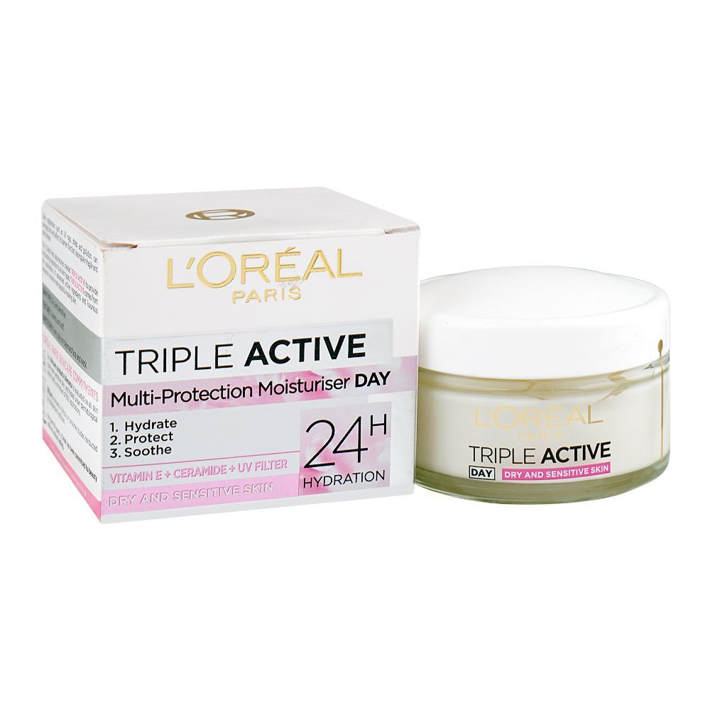 L'Oreal Paris Triple Active 24H Multi-Protection Moisturizer Day Cream, Vitamin E, Ceramide, UV Filter, For Dry & Sensitive Skin, 50ml - Main Image