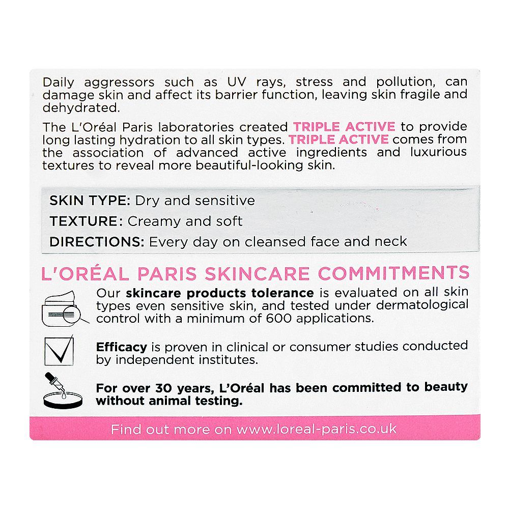 L'Oreal Paris Triple Active 24H Multi-Protection Moisturizer Day Cream, Vitamin E, Ceramide, UV Filter, For Dry & Sensitive Skin, 50ml - Image 2