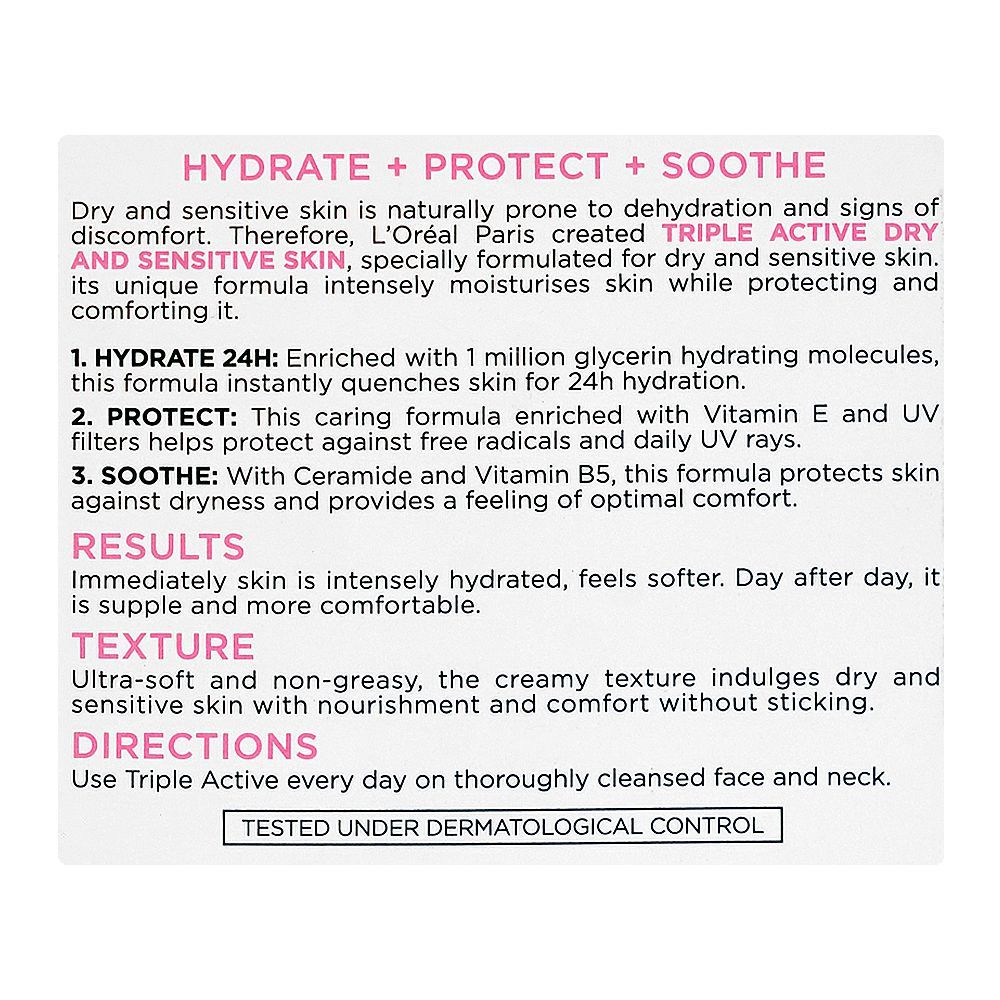 L'Oreal Paris Triple Active 24H Multi-Protection Moisturizer Day Cream, Vitamin E, Ceramide, UV Filter, For Dry & Sensitive Skin, 50ml - Image 3