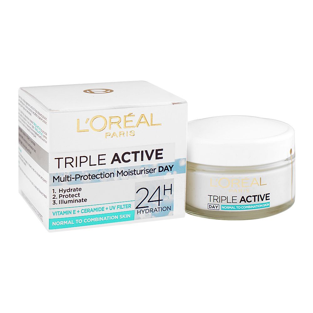 L'Oreal Paris Triple Active 24H Multi-Protection Moisturizer Day Cream, Vitamin E, Ceramide, UV Filter, For Combination Skin, 50ml - Main Image