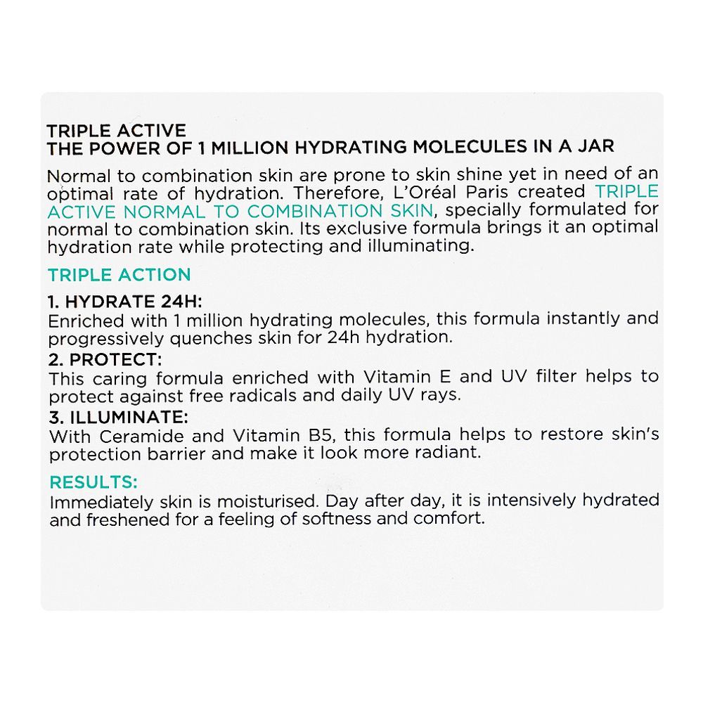 L'Oreal Paris Triple Active 24H Multi-Protection Moisturizer Day Cream, Vitamin E, Ceramide, UV Filter, For Combination Skin, 50ml - Image 3