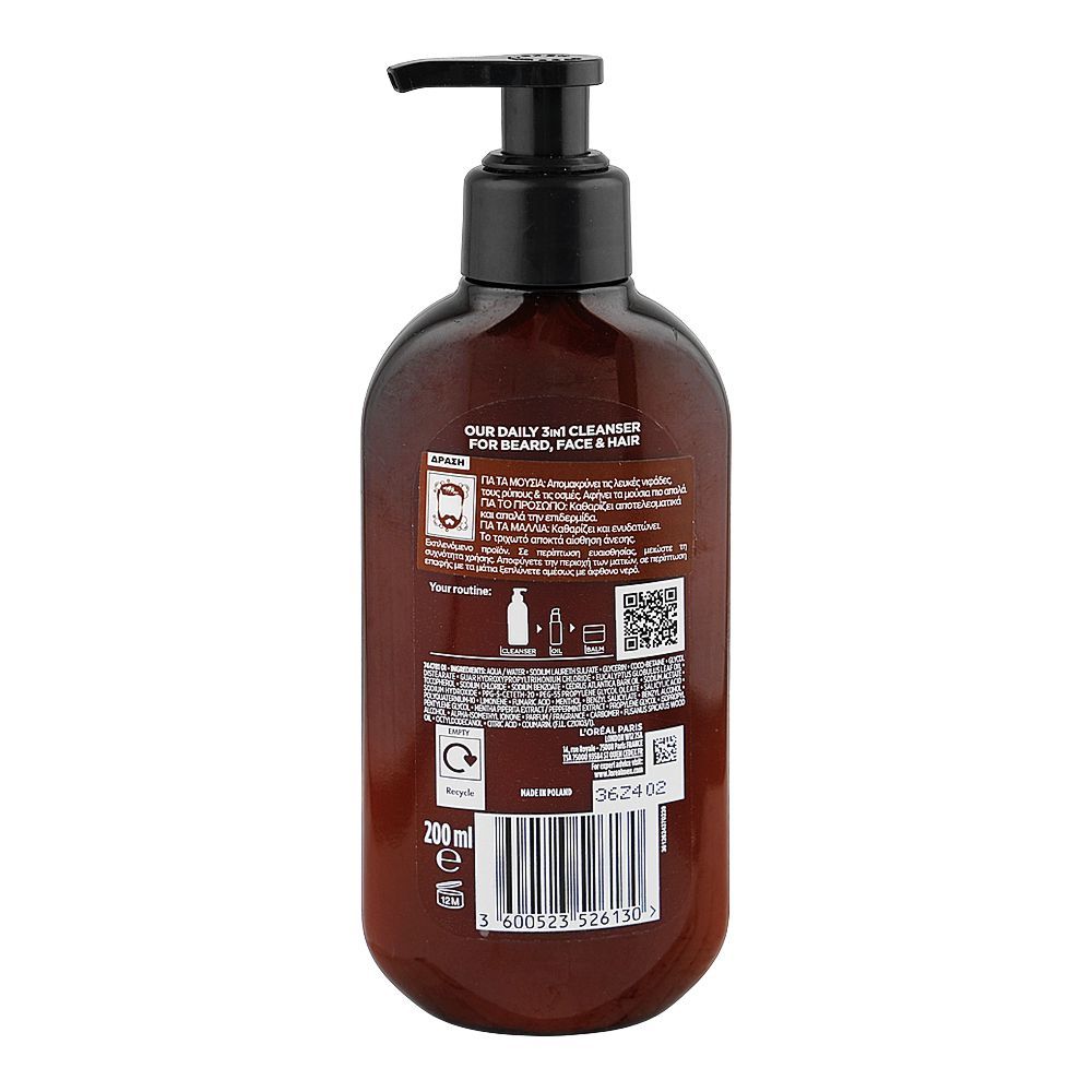 L'Oreal Paris Men Expert Barber Club 3-In-1 Beard, Face & Hair Wash, Cedarwood Oil + Peppermint Extract, 200ml - Image 2
