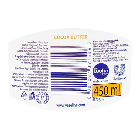 Vaseline Blue Seal Cocoa Butter Rich Conditioning Jelly, 450ml, South Africa - Image 5