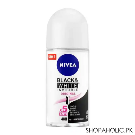 nivea 5 in 1 black & white invisible original x5 anti roll on, for women, 50ml main image
