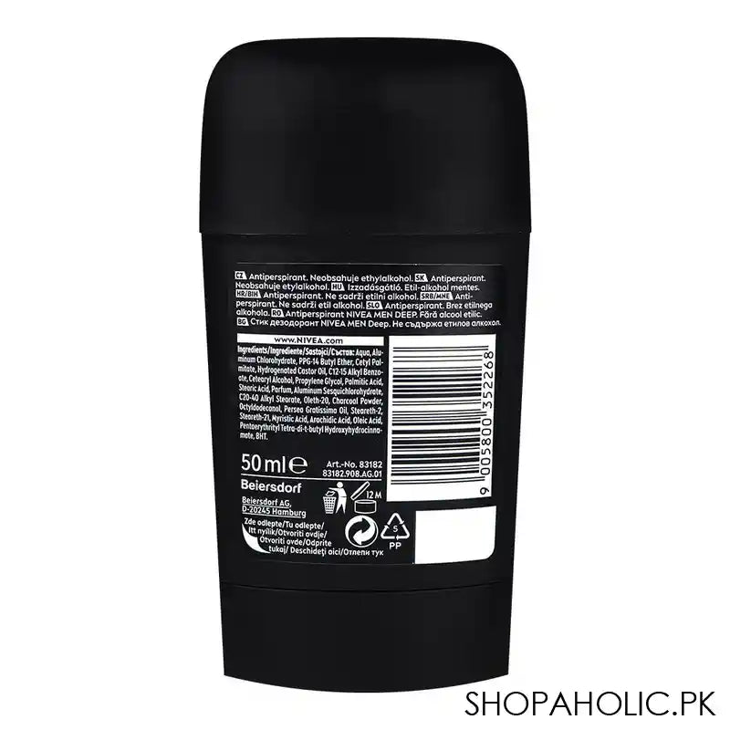 Nivea Deep Black Carbon Dark Wood Antiperspirant Deodorant Stick, 48 Hours Lasting, For Men, 50ml - Image 2