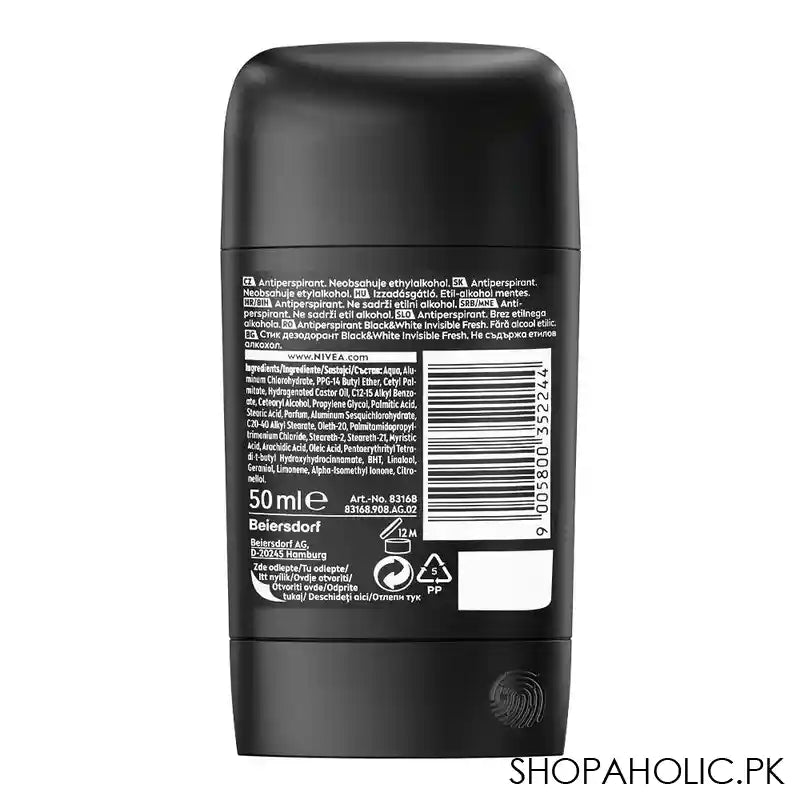Nivea Men Black & White Invisible Fresh, 48H Deodorant Stick, 50ml - Image 3