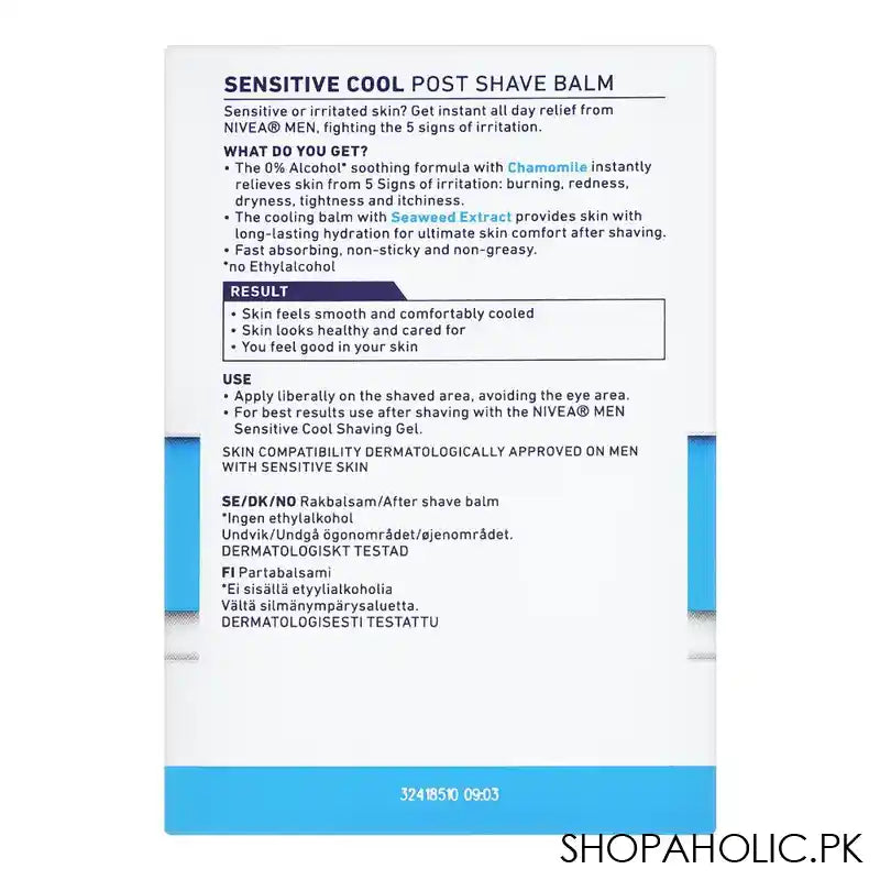 Nivea Men Sensitive Cool Post Shave Balm, Provide Instant Relief, Alcohol Free, 100ml - Image 2