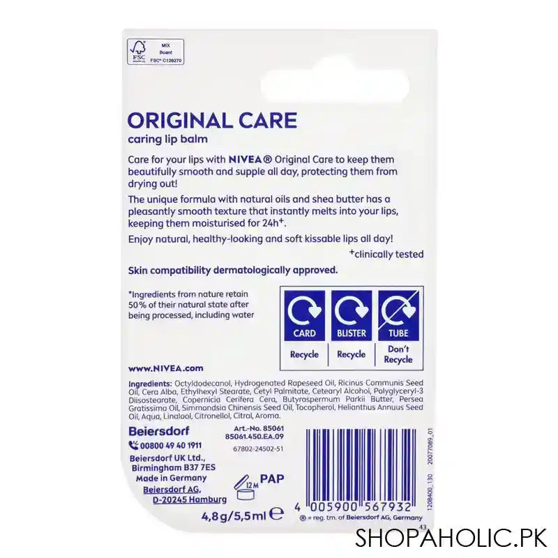 Nivea Original Long Lasting Moisture Care Lip Balm, 4.85g - Image 2