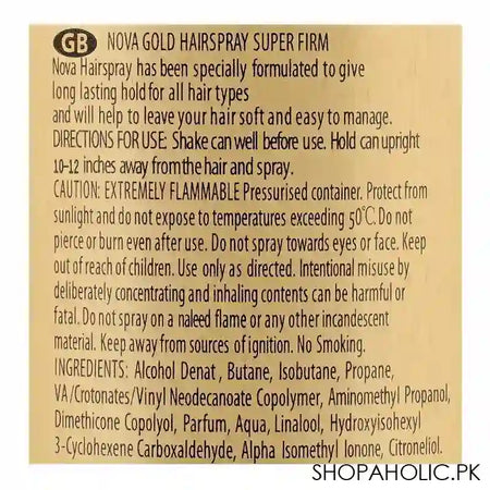 Nova Gold Super Firm Hold Hair Spray, Long Lasting Natural Shine, 200ml - Image 3