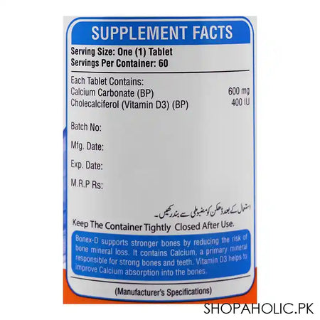 Nutrifactor Bonex-D Calcium + Vitamin D3 Bones Health Food Supplement, 60 Tablets - Image 2