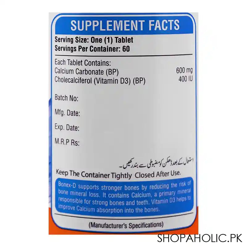Nutrifactor Bonex-D Calcium + Vitamin D3 Bones Health Food Supplement, 60 Tablets - Image 2