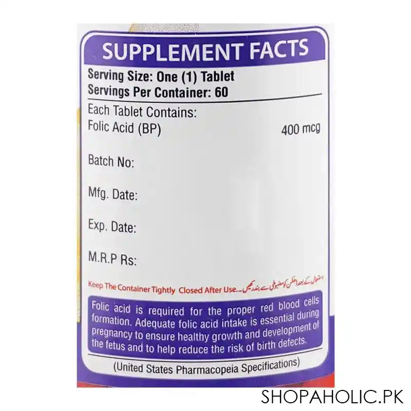 nutrifactor folic acid 400mcg food supplement, 60 tablets image3