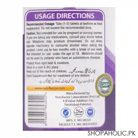nutrifactor melatonin sleep aid 3mg food supplement, 30 tablets image3