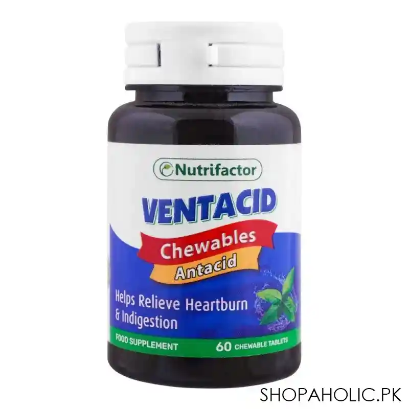 nutrifactor ventacid chewable food supplement tablets, helps relieve heartburn & indigestion, 60 pack main image