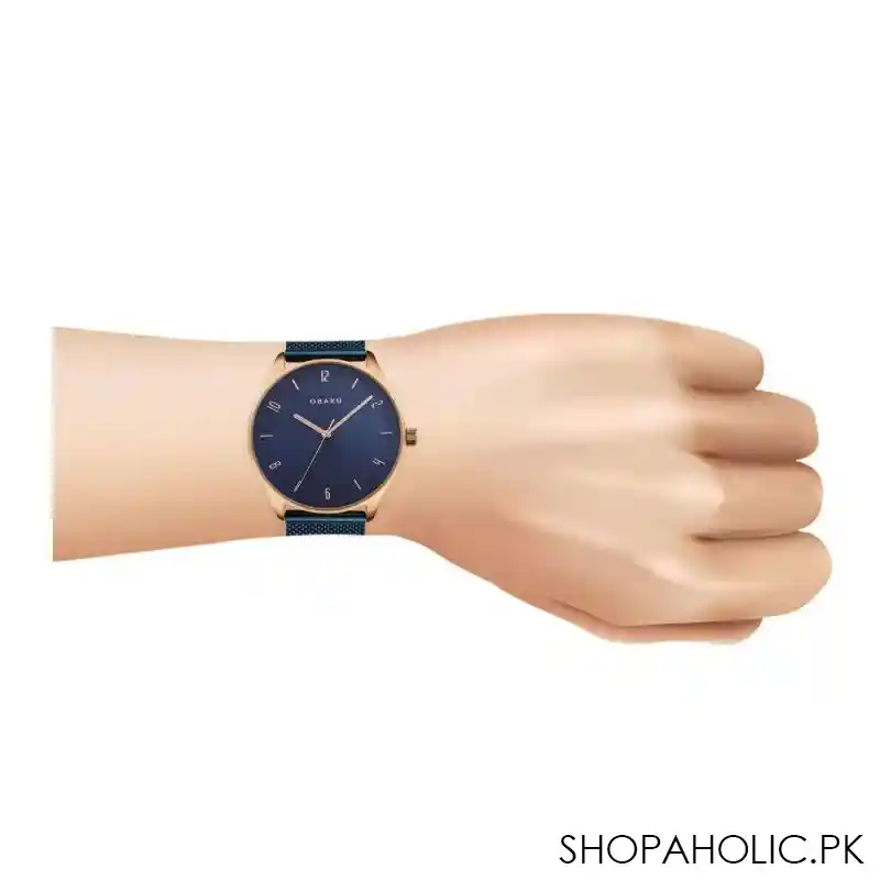 obaku golden round dial with navy blue background & bracelet analog watch, v235gxvlml image2