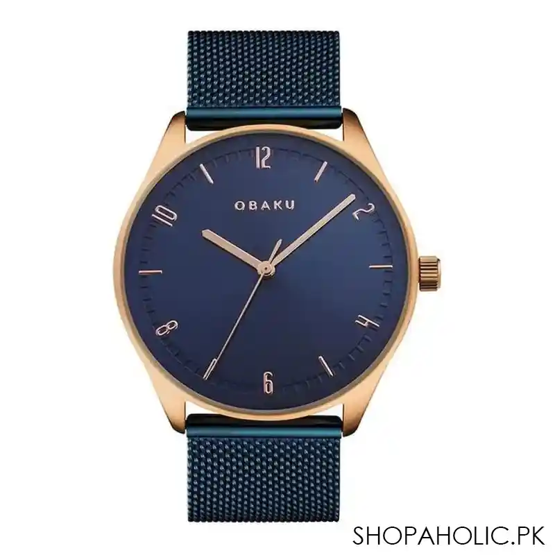 obaku golden round dial with navy blue background & bracelet analog watch, v235gxvlml main image