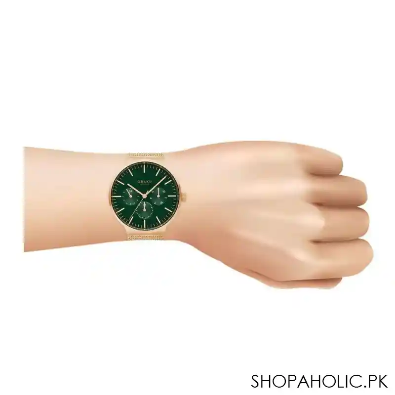 obaku men's dark green background dial with rust gold bracelet chronograph watch, v229gvemv image2