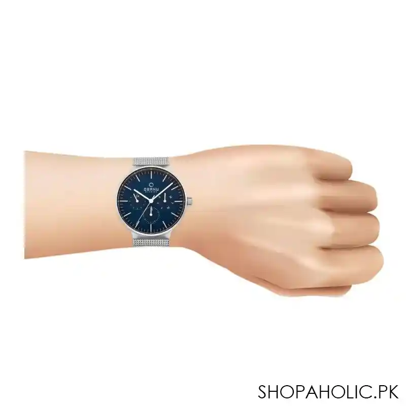 obaku men's denmark navy blue background & chrome bracelet chronograph watch, v229gclmc image2