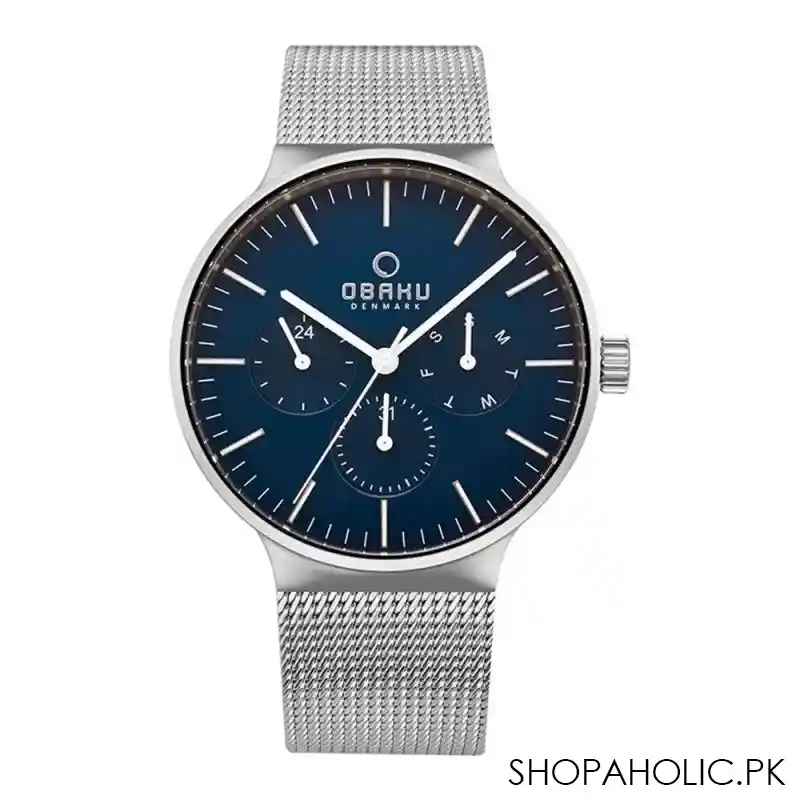 obaku men's denmark navy blue background & chrome bracelet chronograph watch, v229gclmc main image