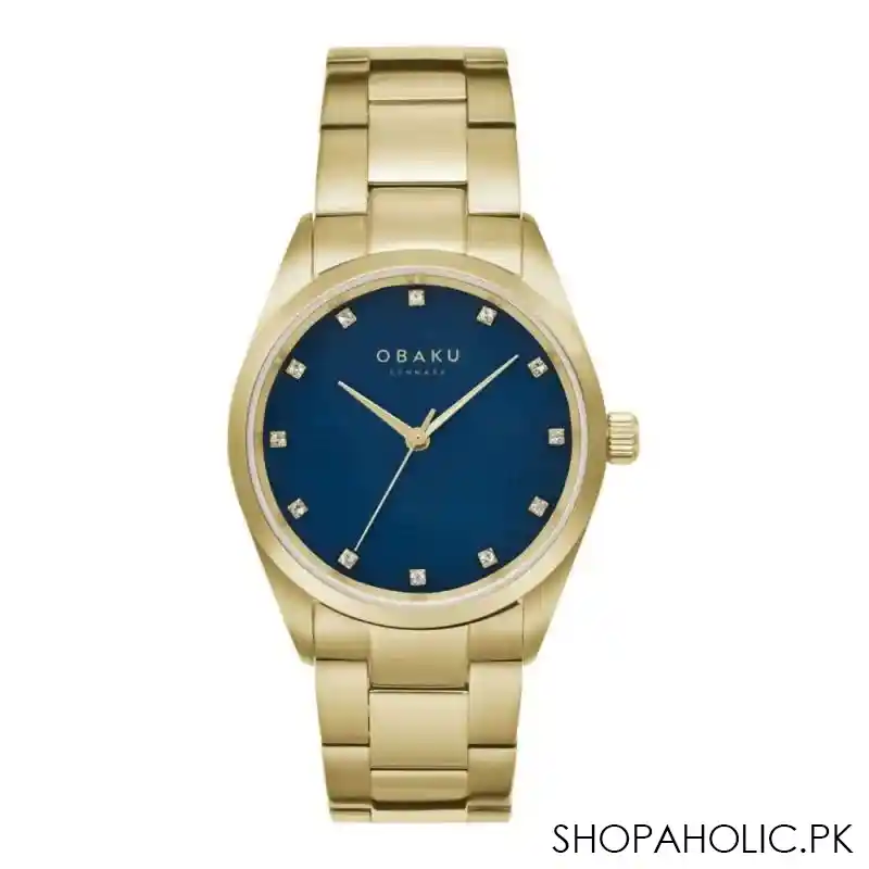 obaku women's golden round dial & bracelet & navy bue background analog watch, v263lxglsg main image