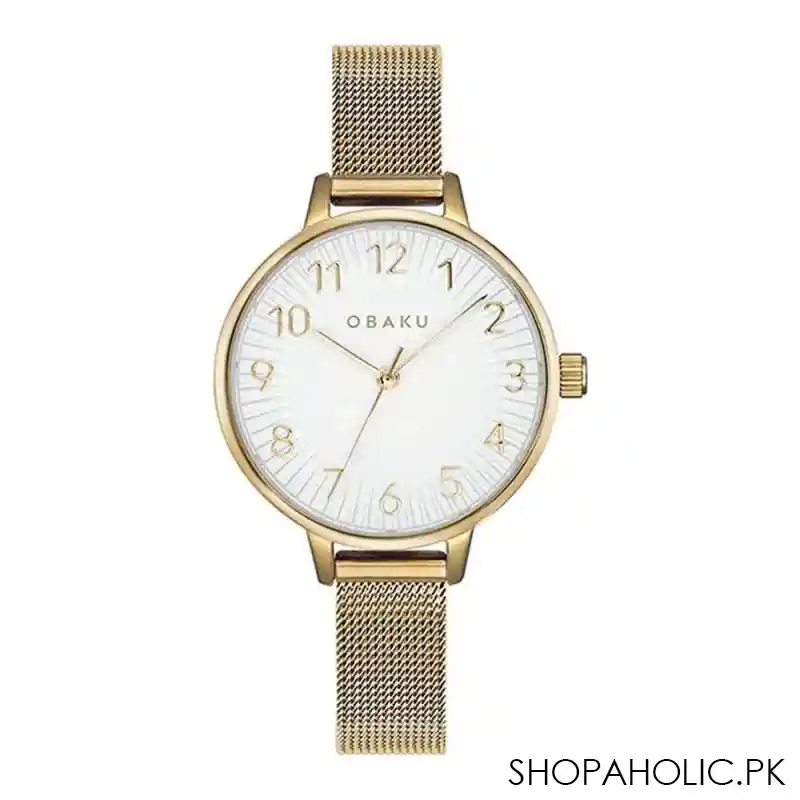 obaku women's yellow gold round dial whit bracelet analog watch, v237lxgimg main image