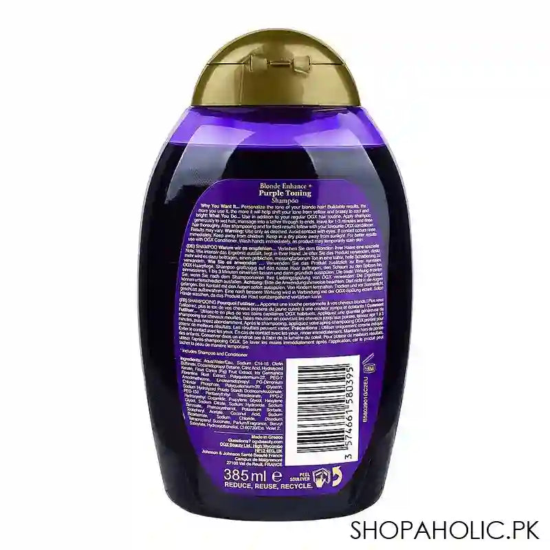 OGX Blonde Enhance + Purple Toning Shampoo, Sulphate Free Surfactants, 385ml - Image 3