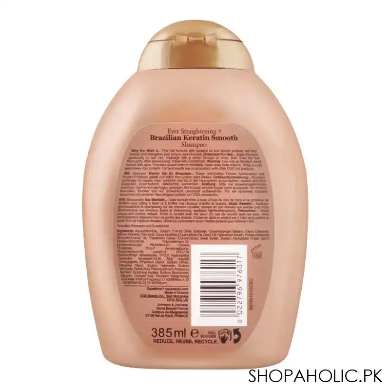 OGX ever Straightening + Brazilian Keratin Smooth Shampoo Helps To Strengthen & Soften Hair 385ml - Image 2