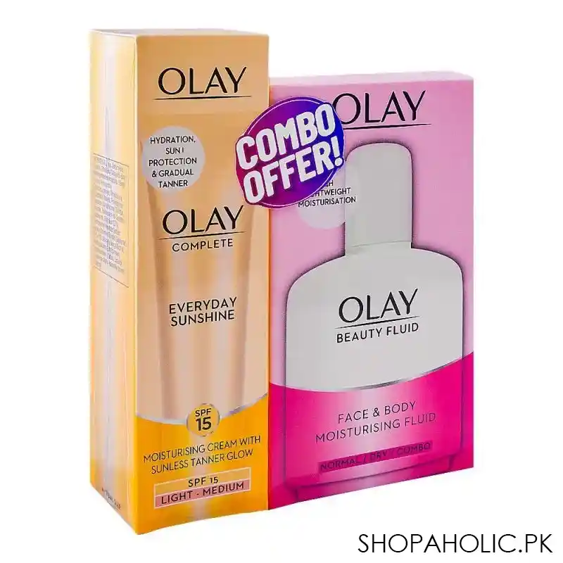 olay beauty fluid moisturiser face & body fluid 100ml + moisturising cream spf15, offer pack main image