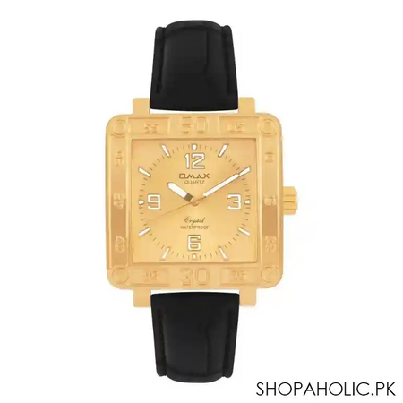 omax golden square dial with black strap analog watch, dbl067 main image