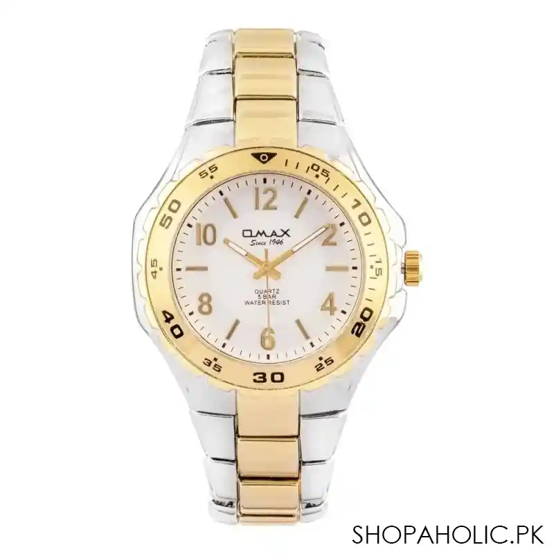 omax men's 5 bar yellow gold round dial & two tone bracelet analog watch, dba651ng03 main image