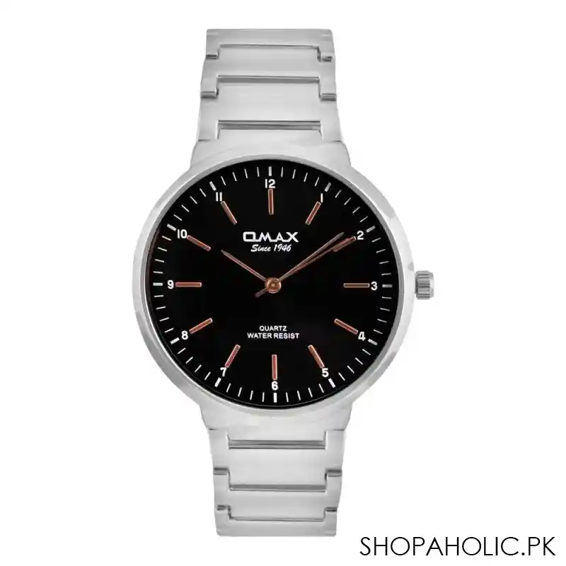 omax men's black round dial with chrome bracelet analog watch, hbc267p004 main image