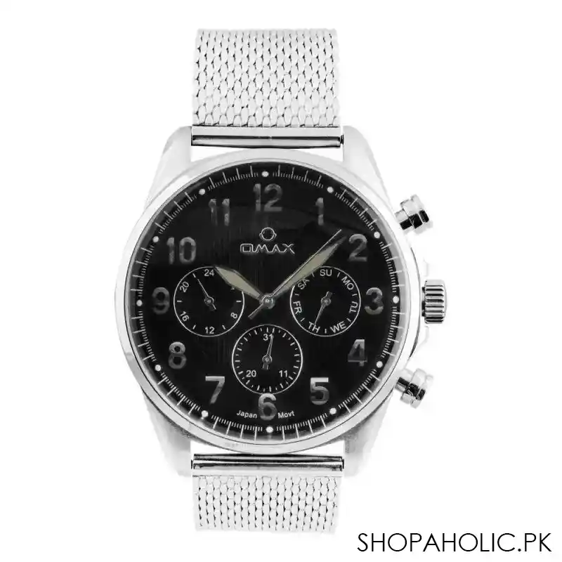 omax men's black round dial with chrome bracelet chronograph watch, vc05p26i main image