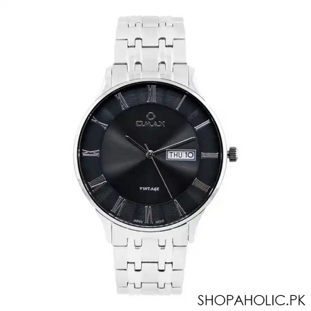 omax men's black round dial with silver bracelet analog watch, vg03n99i main image