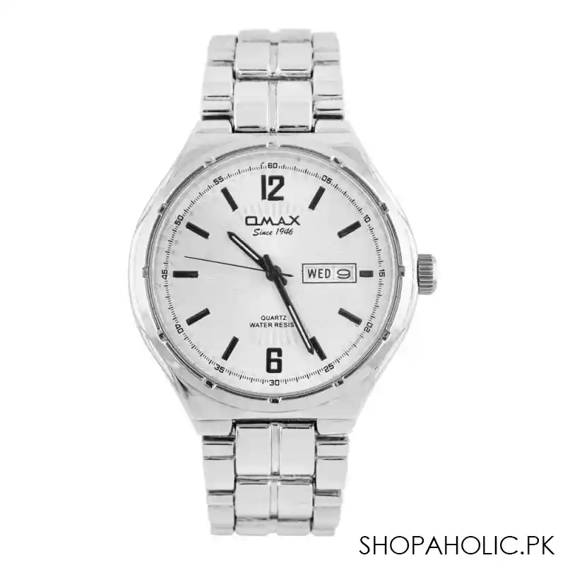 omax men's chrome round dial & background with chrome chain analog watch, hyb027p008 main image