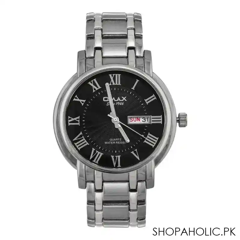 omax men's chrome round dial with black background & chrome chain analog watch, hyc025p002 main image