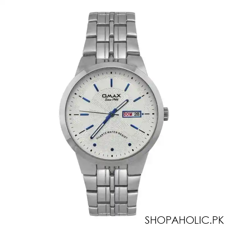 omax men's chrome round dial with designed white background & chrome chain analog watch, hyc023n028 main image