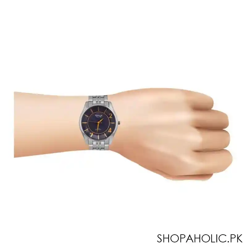omax men's chrome round dial with navy blue background & chrome chain analog watch, pb03m22r image2