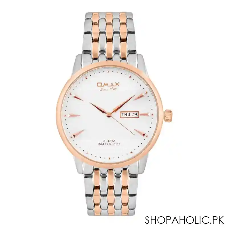 omax men's designed white round dial with two tone bracelet analog watch, hyb057n028 main image