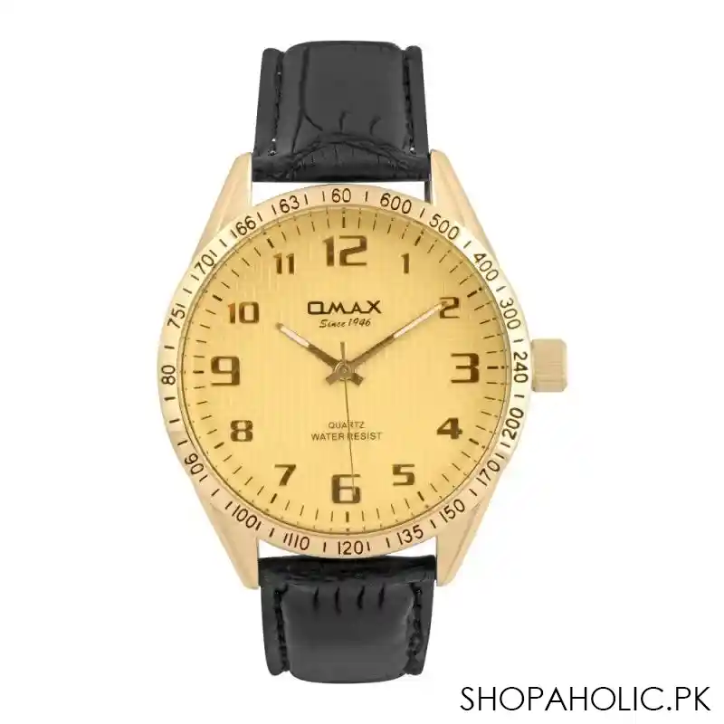 omax men's golden round dial with texture black strap analog watch, j002g12a main image
