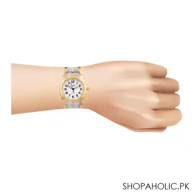 omax men's golden round dial with two tone bracelet analog watch, dba407n083 image2