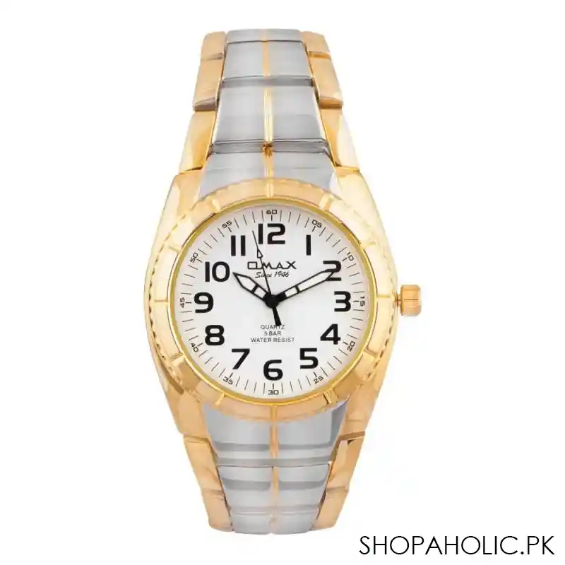 omax men's golden round dial with two tone bracelet analog watch, dba407n083 main image
