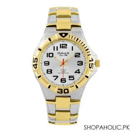 omax men's golden round dial with two tone bracelet analog watch, dba607n008 main image
