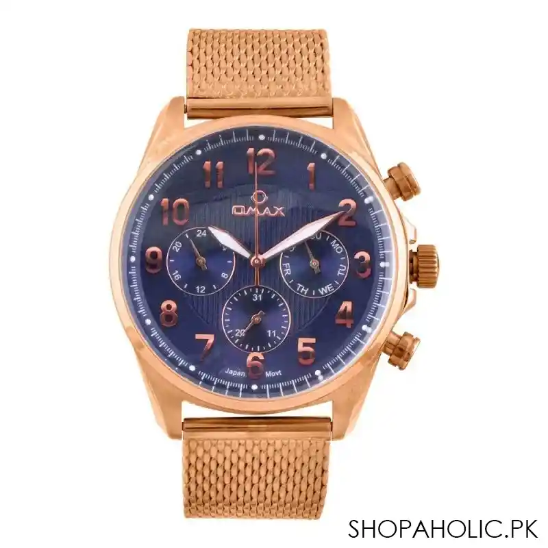 omax men's navy blue round dial with rust gold case & bracelet chronograph watch, vc05r48i main image