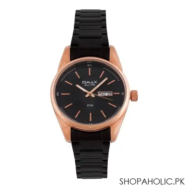 omax men's pvd rust gold round dial with black background & bracelet analog watch, fsd007u032 main image