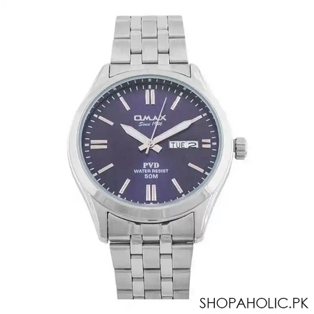 omax men's pvd water resist 50m chrome round dial & bracelet with blue background analog watch, cfd001i014 main image