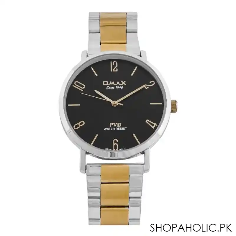 omax men's pvd water resist black background with chrome round dial & two tone bracelet analog watch, cfs001n014 main image