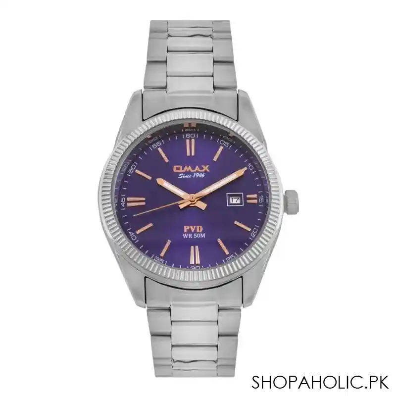 omax men's pvd wr 50m blue background chrome round dial & bracelet analog watch, cfd001i00d main image