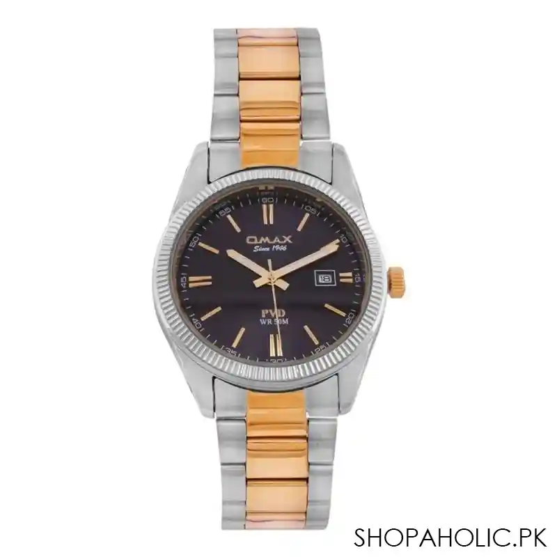 omax men's pvd wr 50m silver round dial with two tone bracelet analog watch, cfd001n01d main image