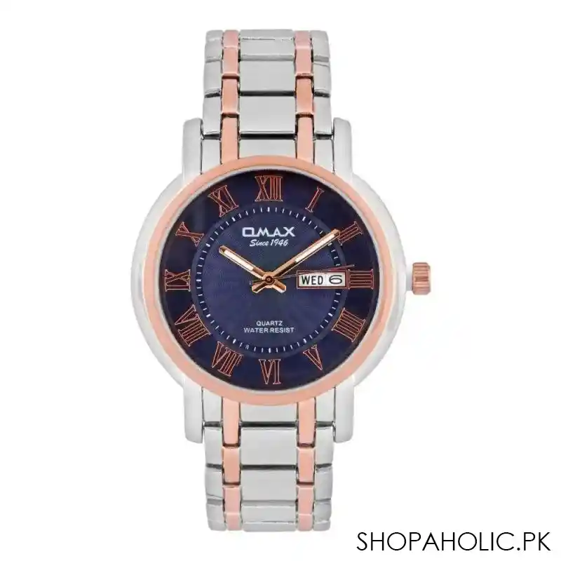 omax men's quartz blue round dial with pink case & two tone bracelet analog watch, hyb061n004 main image